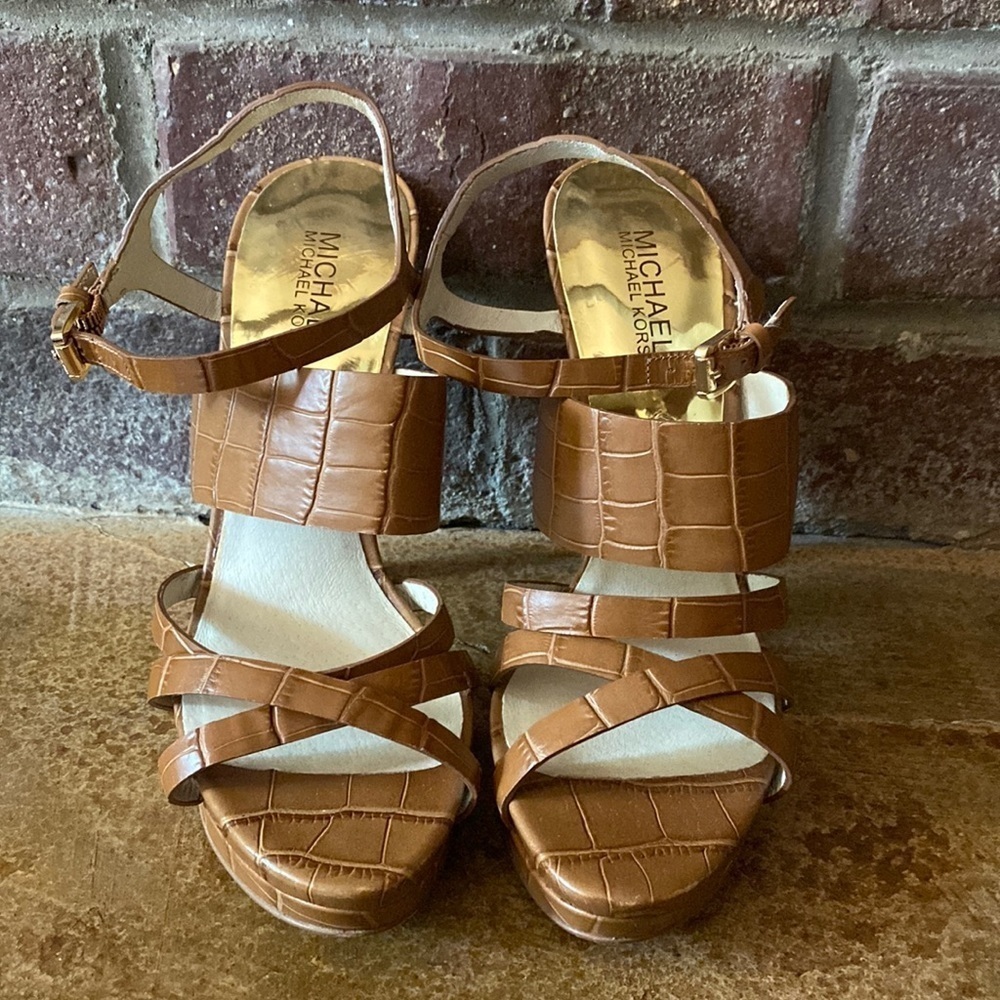 Michael Kors Camel reptile leather strappy heeled sandals
